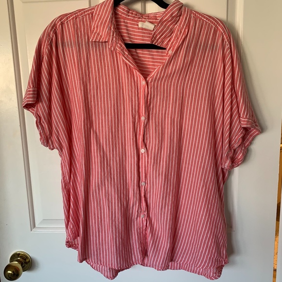 Red Stripped Button Down Short Sleeve Blouse - Picture 1 of 3